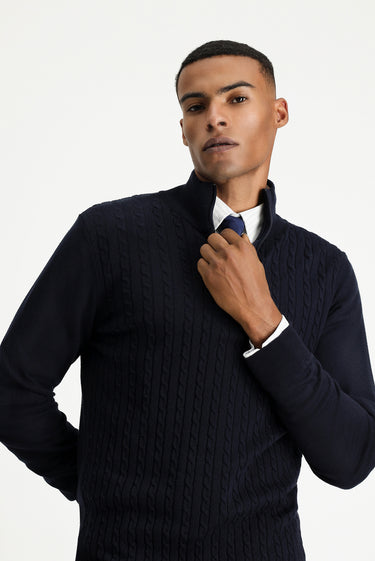 Koyu Lacivert Yarım Balıkçı Yaka Regular Fit Fermuarlı Desenli Pamuklu Triko Kazak