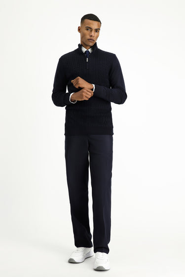 Koyu Lacivert Yarım Balıkçı Yaka Regular Fit Fermuarlı Desenli Pamuklu Triko Kazak