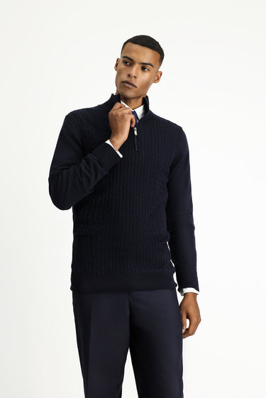 Koyu Lacivert Yarım Balıkçı Yaka Regular Fit Fermuarlı Desenli Pamuklu Triko Kazak