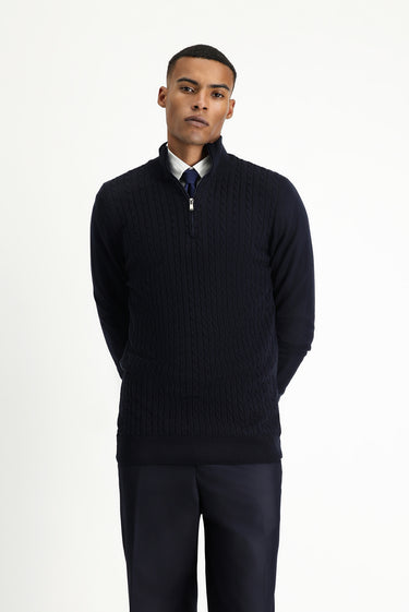 Koyu Lacivert Yarım Balıkçı Yaka Regular Fit Fermuarlı Desenli Pamuklu Triko Kazak