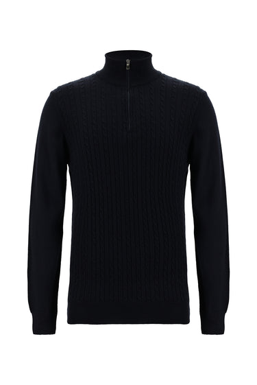 Koyu Lacivert Yarım Balıkçı Yaka Regular Fit Fermuarlı Desenli Pamuklu Triko Kazak