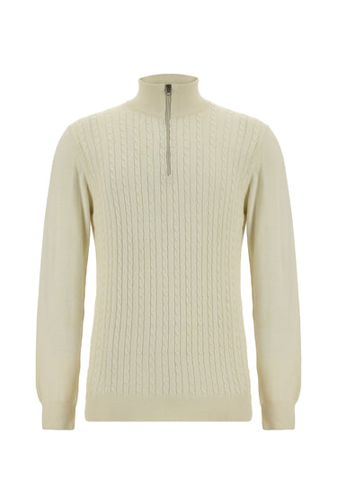 Açık Bej Yarım Balıkçı Yaka Regular Fit Fermuarlı Desenli Pamuklu Triko Kazak