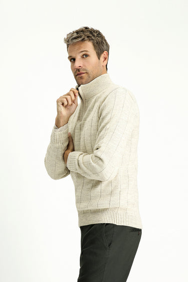 Açık Bej Yarım Balıkçı Yaka Regular Fit Fermuarlı Desenli Triko Kazak