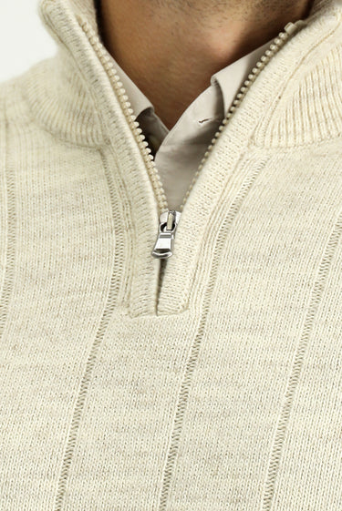 Açık Bej Yarım Balıkçı Yaka Regular Fit Fermuarlı Desenli Triko Kazak