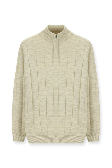 Açık Bej Yarım Balıkçı Yaka Regular Fit Fermuarlı Desenli Triko Kazak