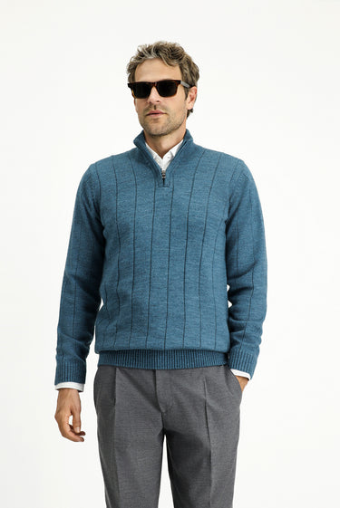 Orta Petrol Yarım Balıkçı Yaka Regular Fit Fermuarlı Desenli Triko Kazak