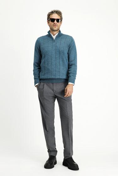 Orta Petrol Yarım Balıkçı Yaka Regular Fit Fermuarlı Desenli Triko Kazak