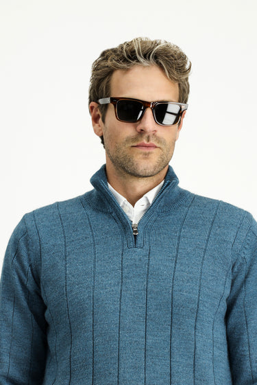 Orta Petrol Yarım Balıkçı Yaka Regular Fit Fermuarlı Desenli Triko Kazak