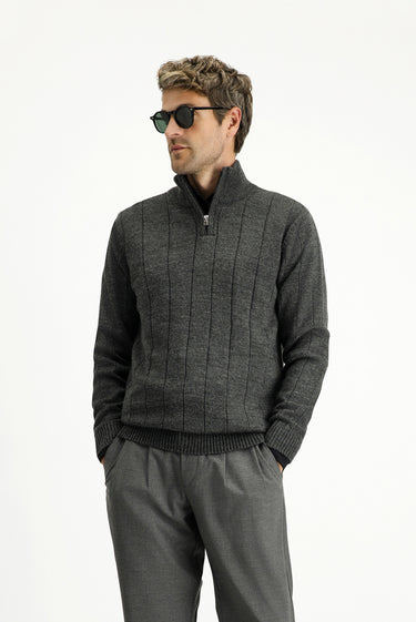 Orta Antrasit Yarım Balıkçı Yaka Regular Fit Fermuarlı Desenli Triko Kazak