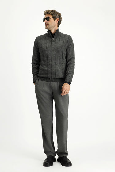 Orta Antrasit Yarım Balıkçı Yaka Regular Fit Fermuarlı Desenli Triko Kazak