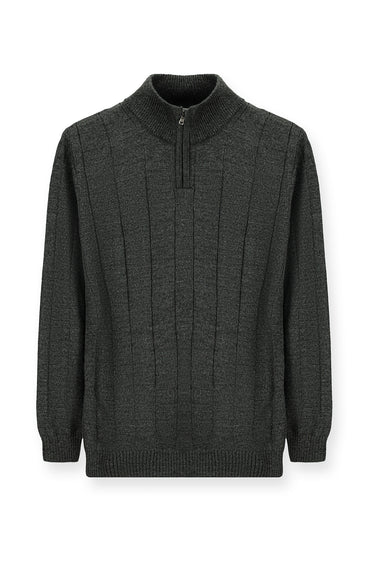 Orta Antrasit Yarım Balıkçı Yaka Regular Fit Fermuarlı Desenli Triko Kazak