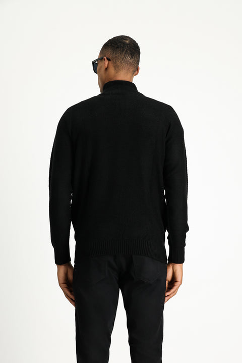 Siyah Yarım Balıkçı Yaka Slim Fit Dar Kesim Fermuarlı Desenli Dikişsiz Triko Kazak