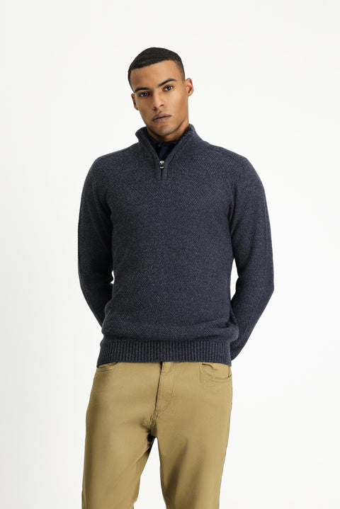 İndigo Yarım Balıkçı Yaka Slim Fit Dar Kesim Fermuarlı Desenli Dikişsiz Triko Kazak