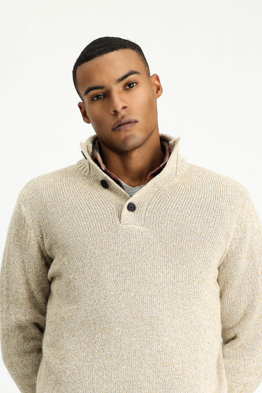 Orta Bej Yarım Balıkçı Yaka Regular Fit Desenli Alpaka Yünlü Triko Kazak