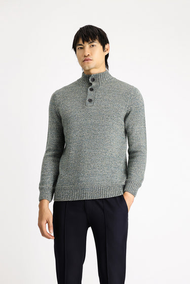 Çağla Yeşili Yarım Balıkçı Yaka Regular Fit Desenli Alpaka Yünlü Triko Kazak