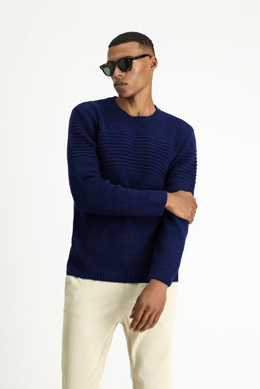 Açık Lacivert Bisiklet Yaka Regular Fit Çizgili Triko Kazak