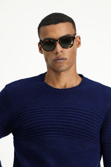 Açık Lacivert Bisiklet Yaka Regular Fit Çizgili Triko Kazak