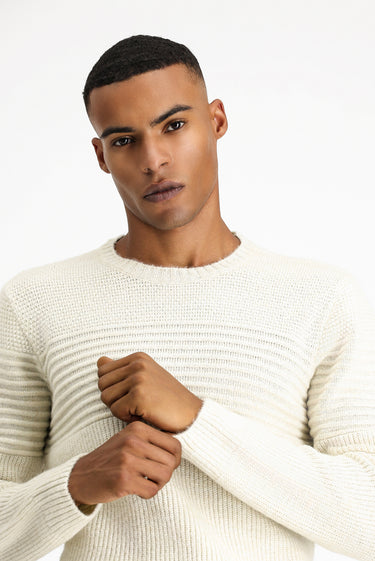 Açık Bej Bisiklet Yaka Regular Fit Çizgili Triko Kazak