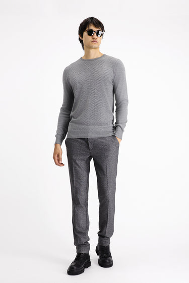 Orta Gri Melanj Bisiklet Yaka Slim Fit Dar Kesim Desenli Pamuklu Triko Kazak