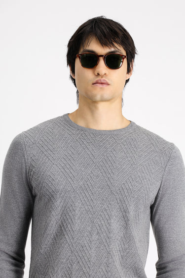 Orta Gri Melanj Bisiklet Yaka Slim Fit Dar Kesim Desenli Pamuklu Triko Kazak