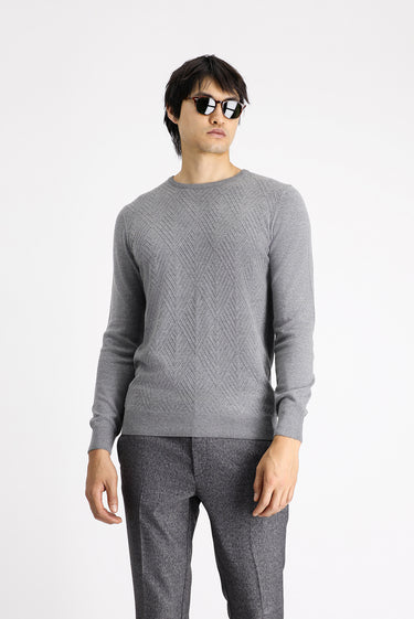 Orta Gri Melanj Bisiklet Yaka Slim Fit Dar Kesim Desenli Pamuklu Triko Kazak
