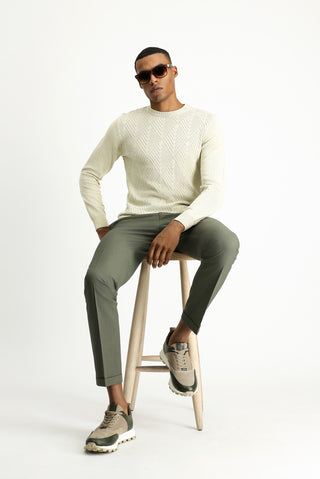 Açık Bej Bisiklet Yaka Slim Fit Desenli Pamuklu Triko Kazak