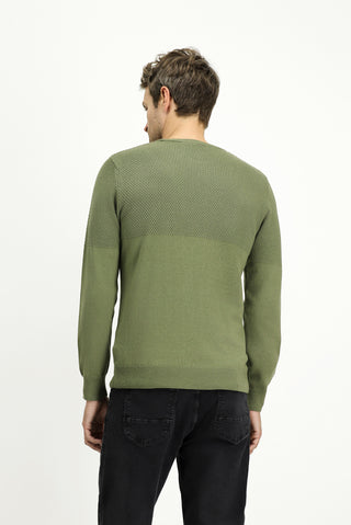 Orta Haki Bisiklet Yaka Slim Fit Dar Kesim Desenli Pamuklu Triko Kazak