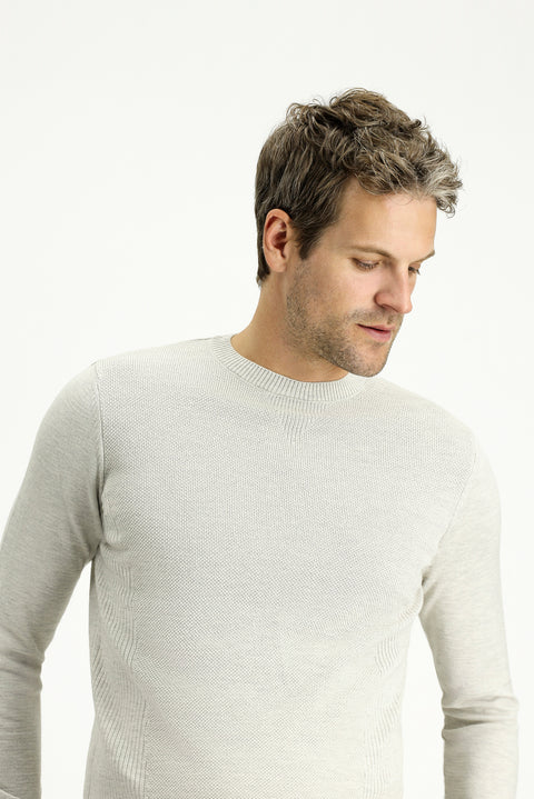 Light Grey Melange Crew Neck Slim Fit Narrow Cut Patterned Cotton Knit Sweater
