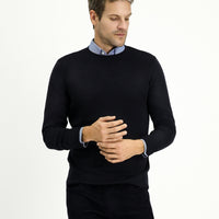Koyu Lacivert Bisiklet Yaka Slim Fit Dar Kesim Desenli Pamuklu Triko Kazak