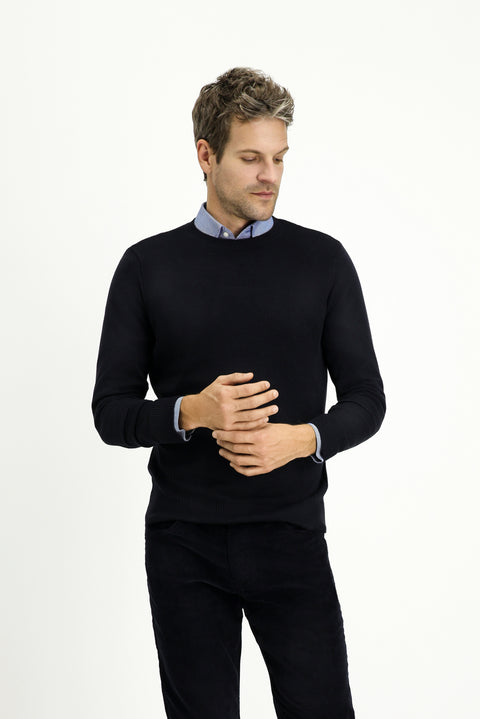 Dark Navy Crew Neck Slim Fit Narrow Cut Patterned Cotton Knit Sweater