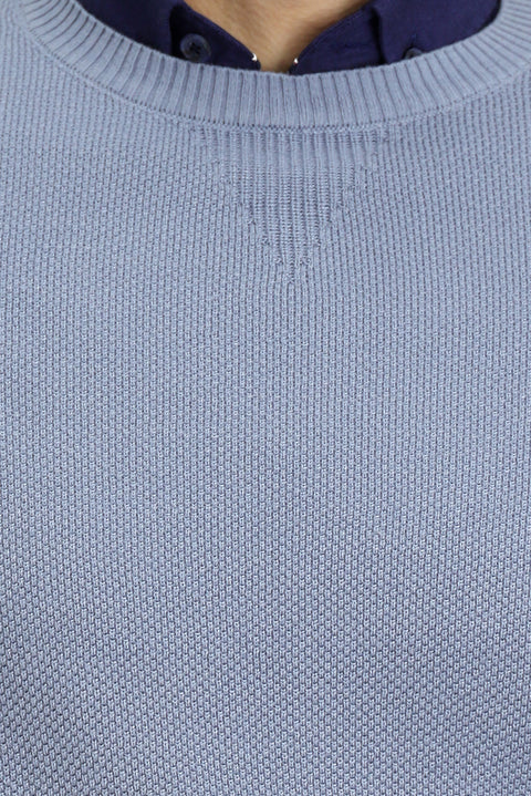 Havacı Mavi Bisiklet Yaka Slim Fit Dar Kesim Desenli Pamuklu Triko Kazak
