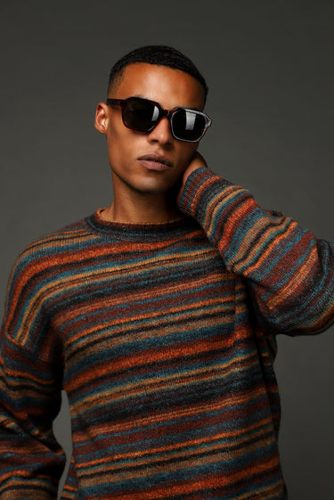 Çok Renkli Bisiklet Yaka Oversize Çizgili Yünlü Triko Kazak