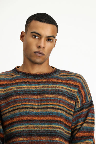 Çok Renkli Bisiklet Yaka Oversize Çizgili Yünlü Triko Kazak