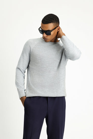 Açık Mavi Bisiklet Yaka Slim Fit Dar Kesim Çizgili Triko Kazak