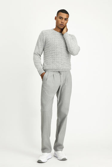 Açık Gri Melanj Bisiklet Yaka Regular Fit Desenli Triko Kazak