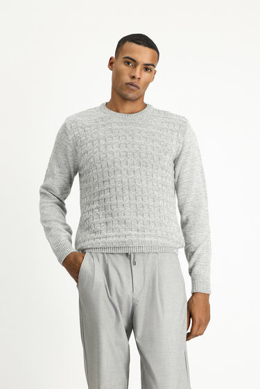 Açık Gri Melanj Bisiklet Yaka Regular Fit Desenli Triko Kazak