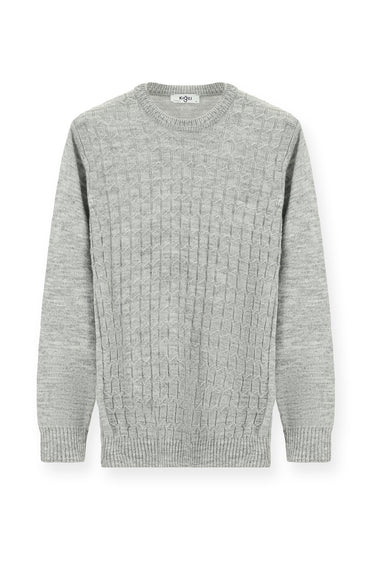 Açık Gri Melanj Bisiklet Yaka Regular Fit Desenli Triko Kazak