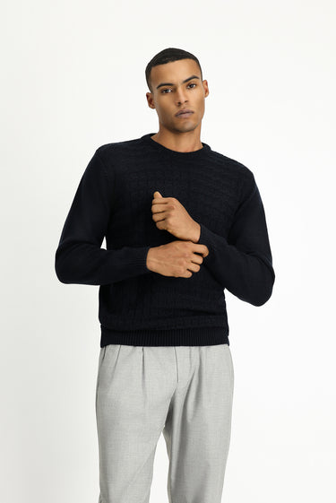 Koyu Lacivert Bisiklet Yaka Regular Fit Desenli Triko Kazak