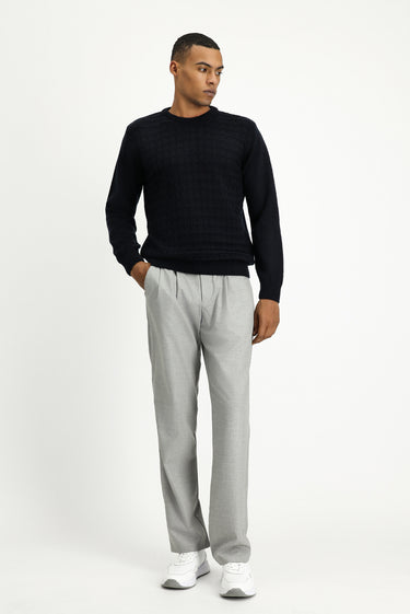 Koyu Lacivert Bisiklet Yaka Regular Fit Desenli Triko Kazak