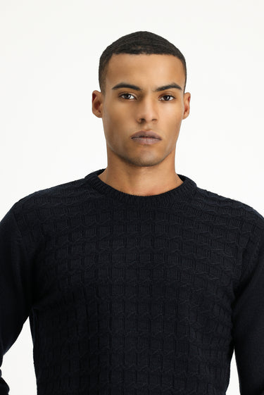 Koyu Lacivert Bisiklet Yaka Regular Fit Desenli Triko Kazak