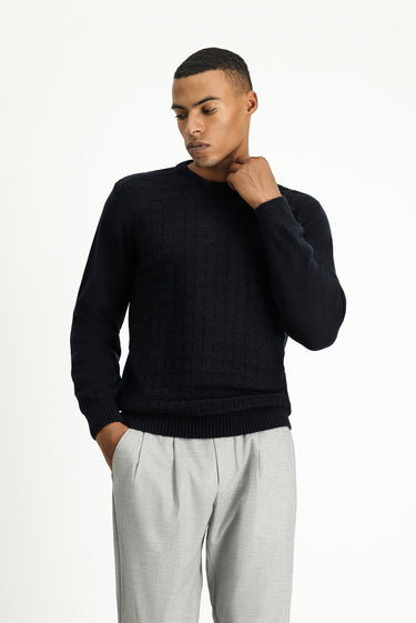 Koyu Lacivert Bisiklet Yaka Regular Fit Desenli Triko Kazak