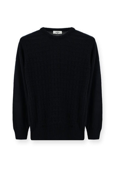 Koyu Lacivert Bisiklet Yaka Regular Fit Desenli Triko Kazak