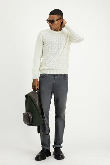 Ekru Bisiklet Yaka Regular Fit Desenli Triko Kazak