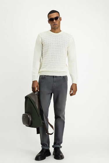 Ekru Bisiklet Yaka Regular Fit Desenli Triko Kazak