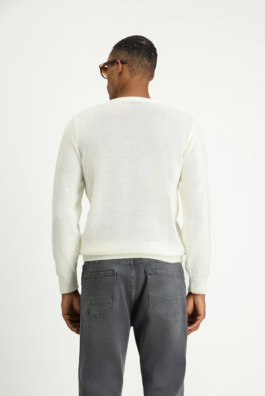 Ekru Bisiklet Yaka Regular Fit Desenli Triko Kazak