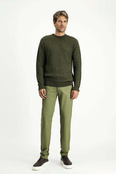 Orta Haki Bisiklet Yaka Regular Fit Desenli Triko Kazak