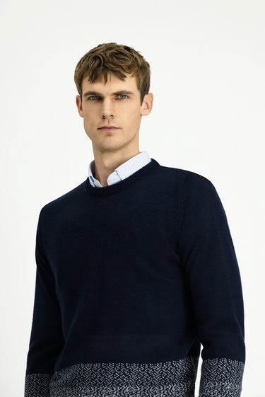 Koyu Lacivert Bisiklet Yaka Regular Fit Desenli Triko Kazak