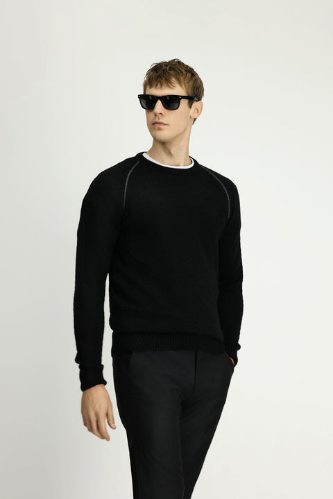 Black Crew Neck Regular Fit Patterned Knit Sweater