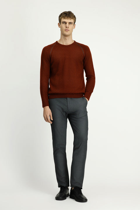 Tile-colored Crew Neck Regular Fit Patterned Knit Sweater