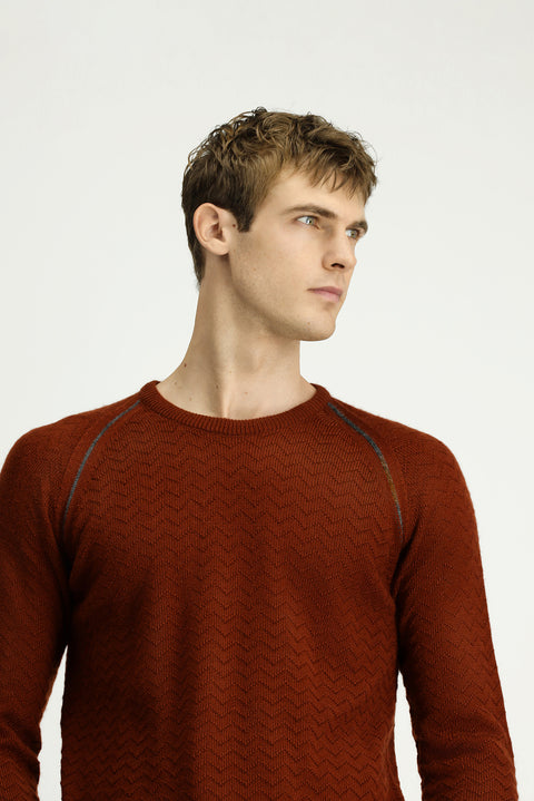 Tile-colored Crew Neck Regular Fit Patterned Knit Sweater